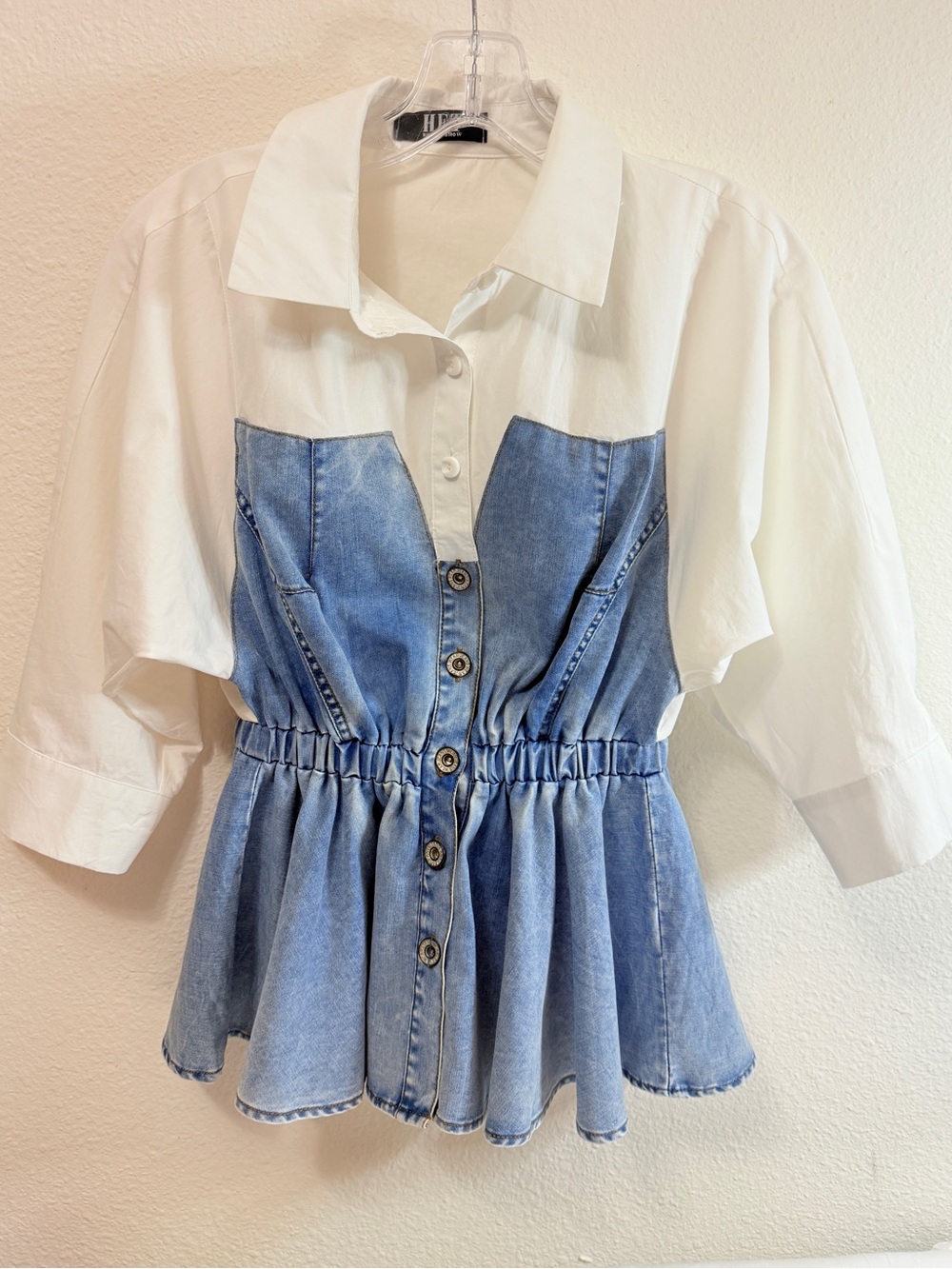 Denim Peplum Corset Blouse White Button Up Coquette Statement Top Size S